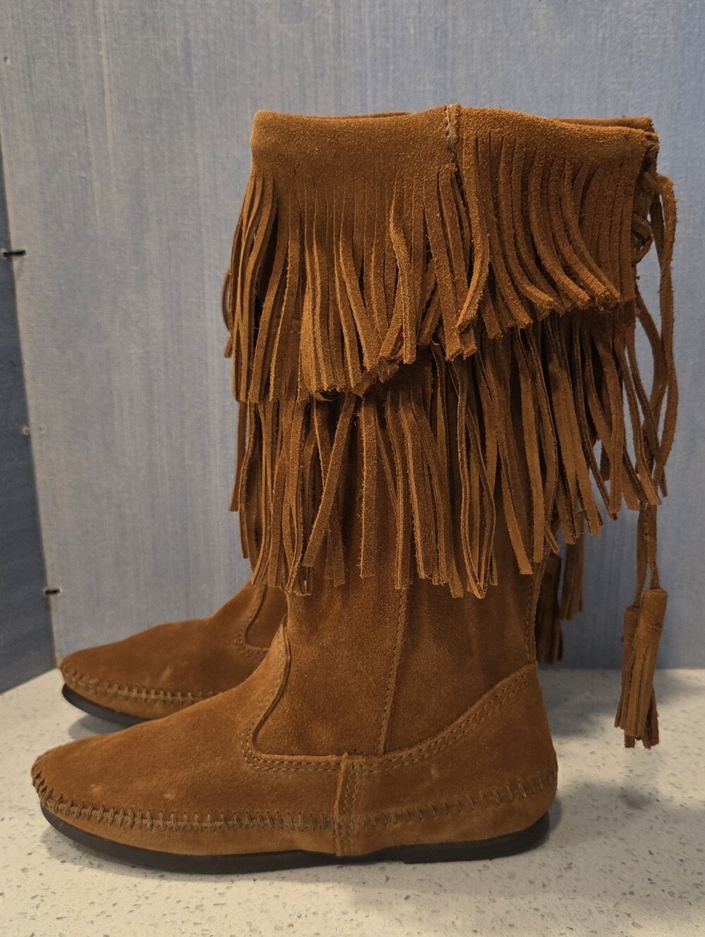 Minnetonka Brown Two-Layer Fringe Suede Moccasin Boots